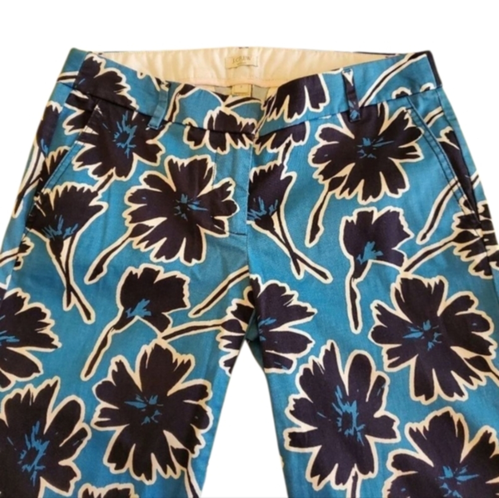 J. Crew Floral Print Stretch‎ Cropped Pants Blue Black Casual Career Trousers 2 - Picture 5 of 11